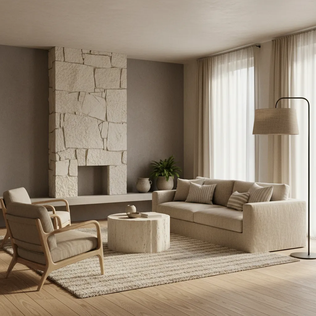 Living room with stone fireplace beige sofa two wooden chairs round coffee table and lamp