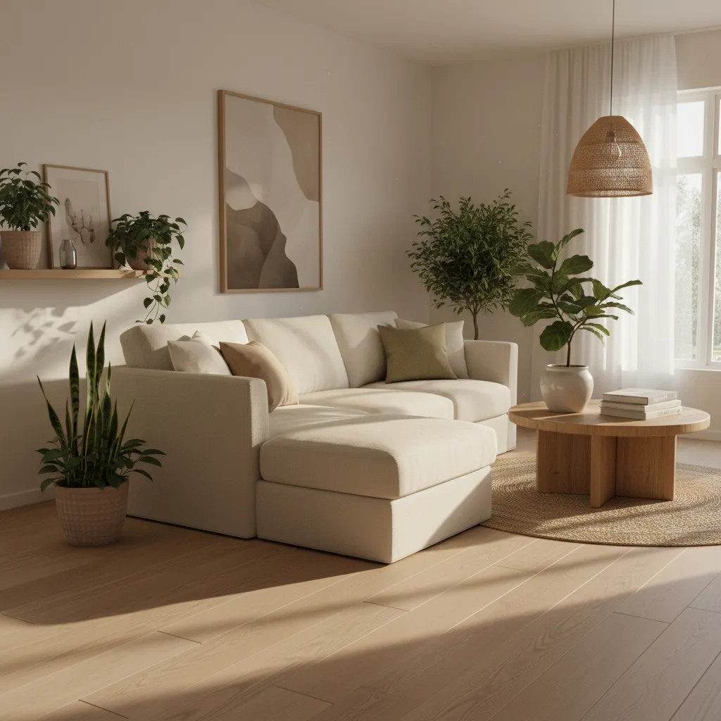 Interior con madera clara, textiles de lino y plantas naturales