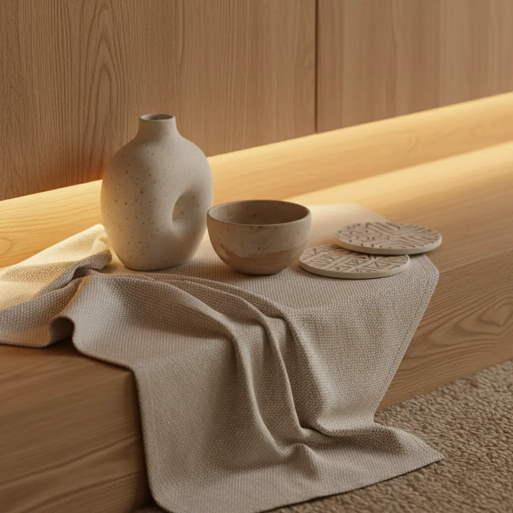 Detalle de materiales naturales como madera, lino y cerámica en interior