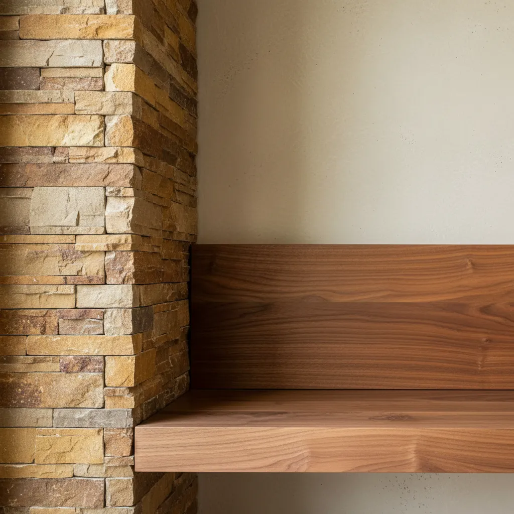 Detalle de materiales naturales como madera y piedra en interior contemporáneo