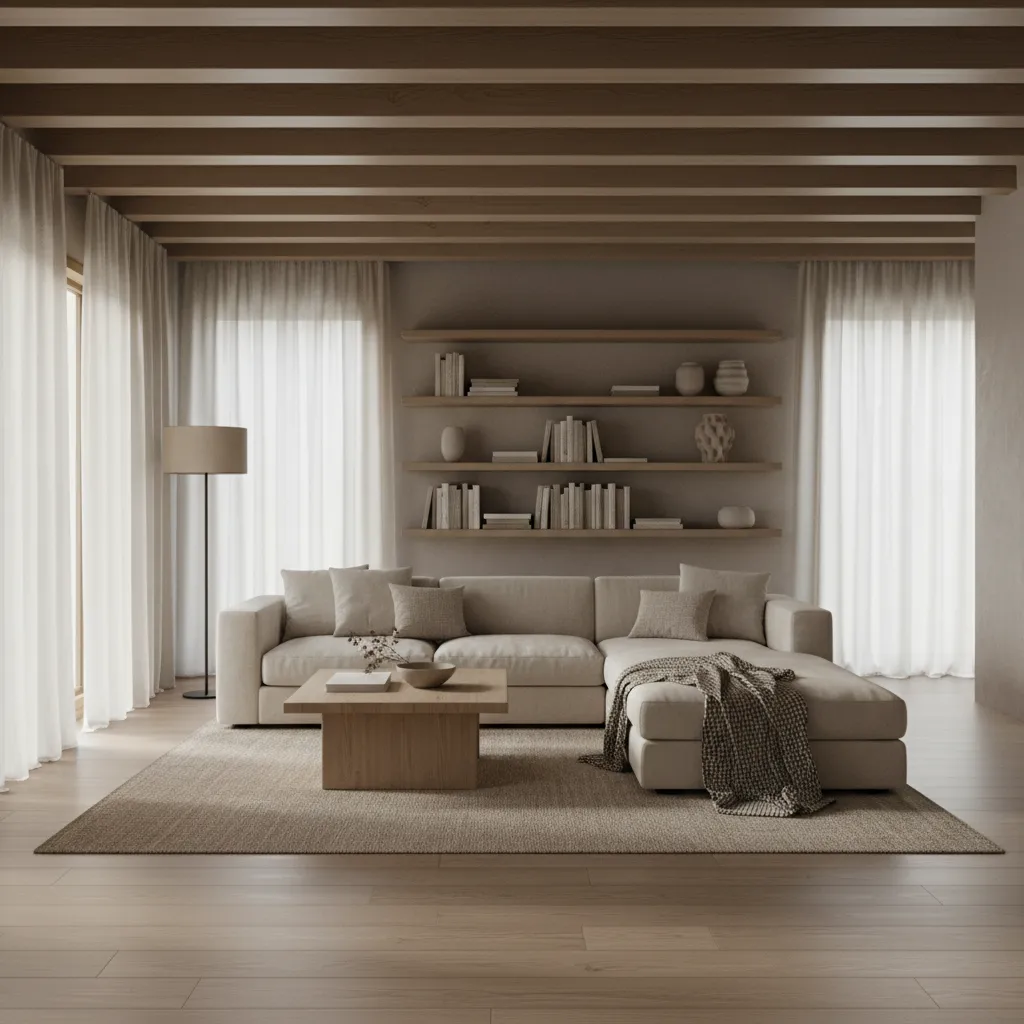 Interior con madera clara, textiles naturales y decoración minimalista