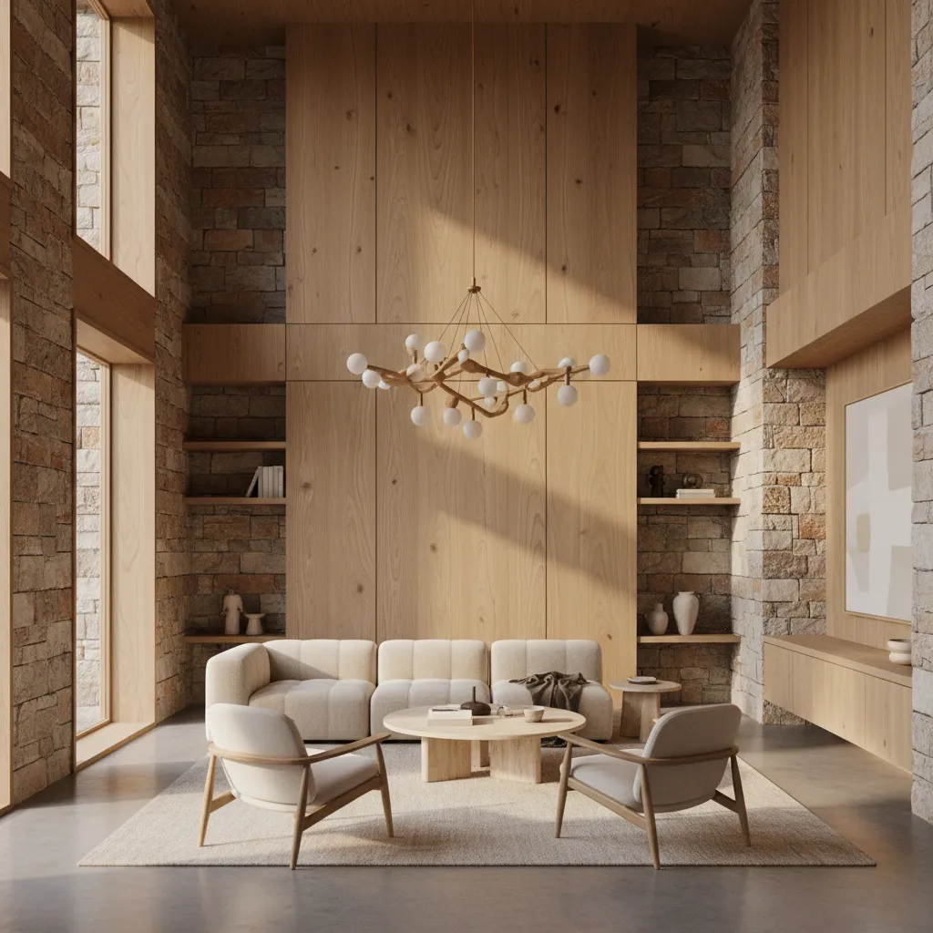 Interior con madera natural, piedra y tonos neutros