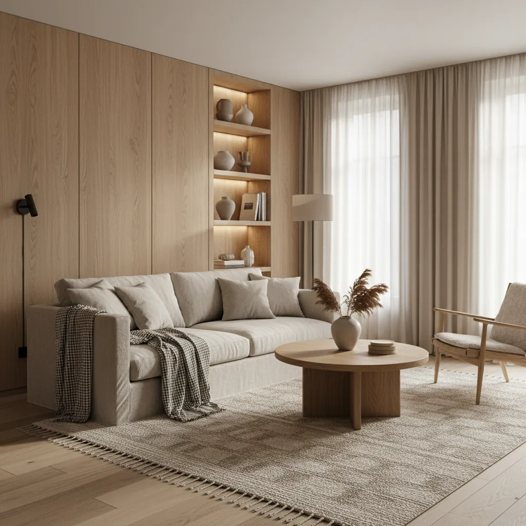 Interior con madera clara, textiles naturales y decoración minimalista cálida