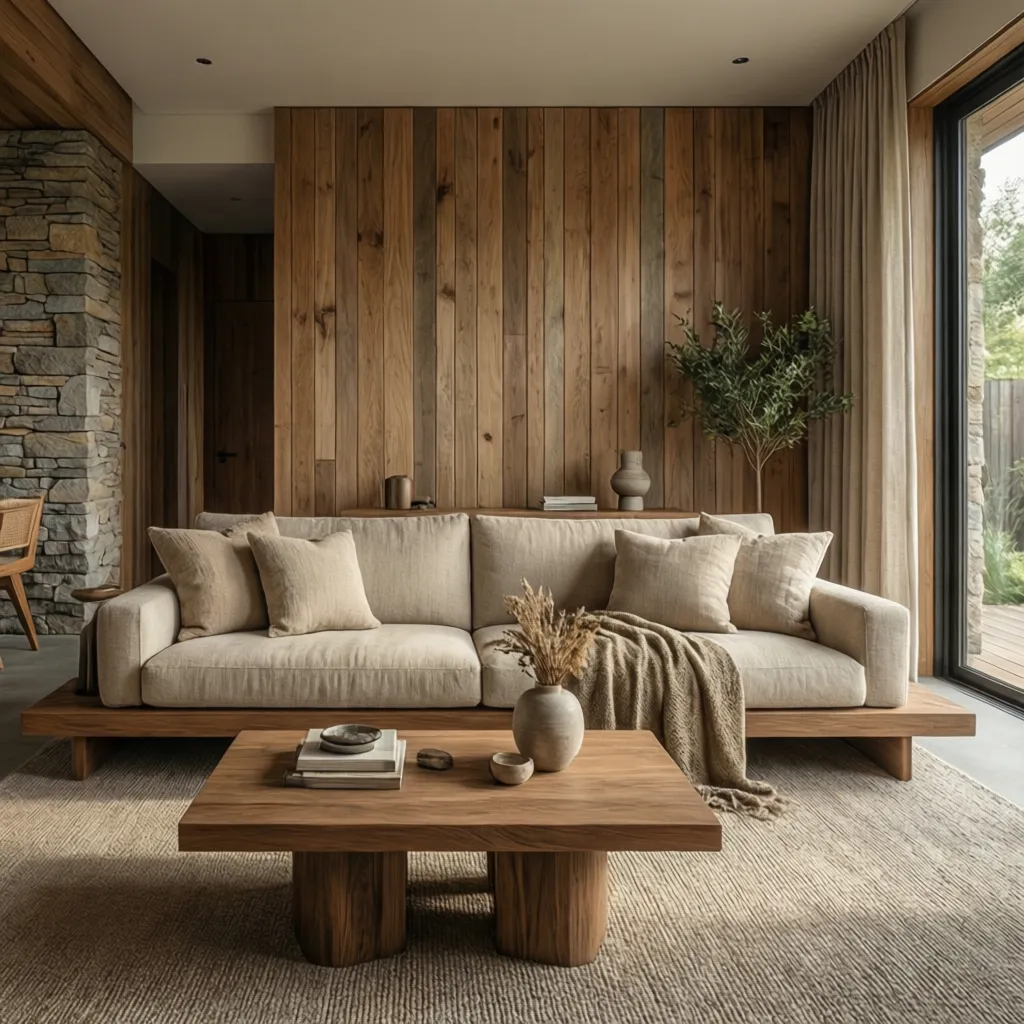 Interior con madera natural, piedra y textiles orgánicos