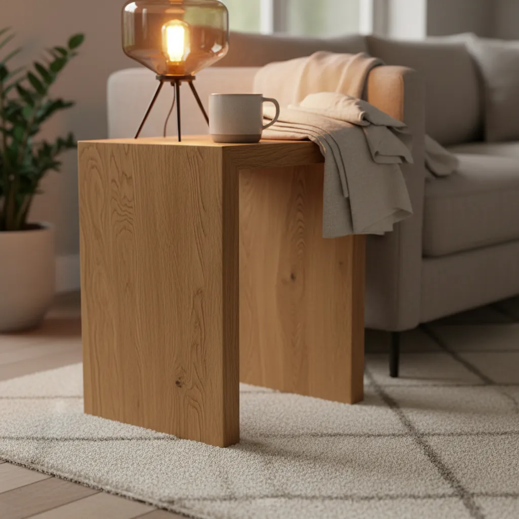 Minimalist wooden side table with table light ceramic mug and beige blanket on patterned rug