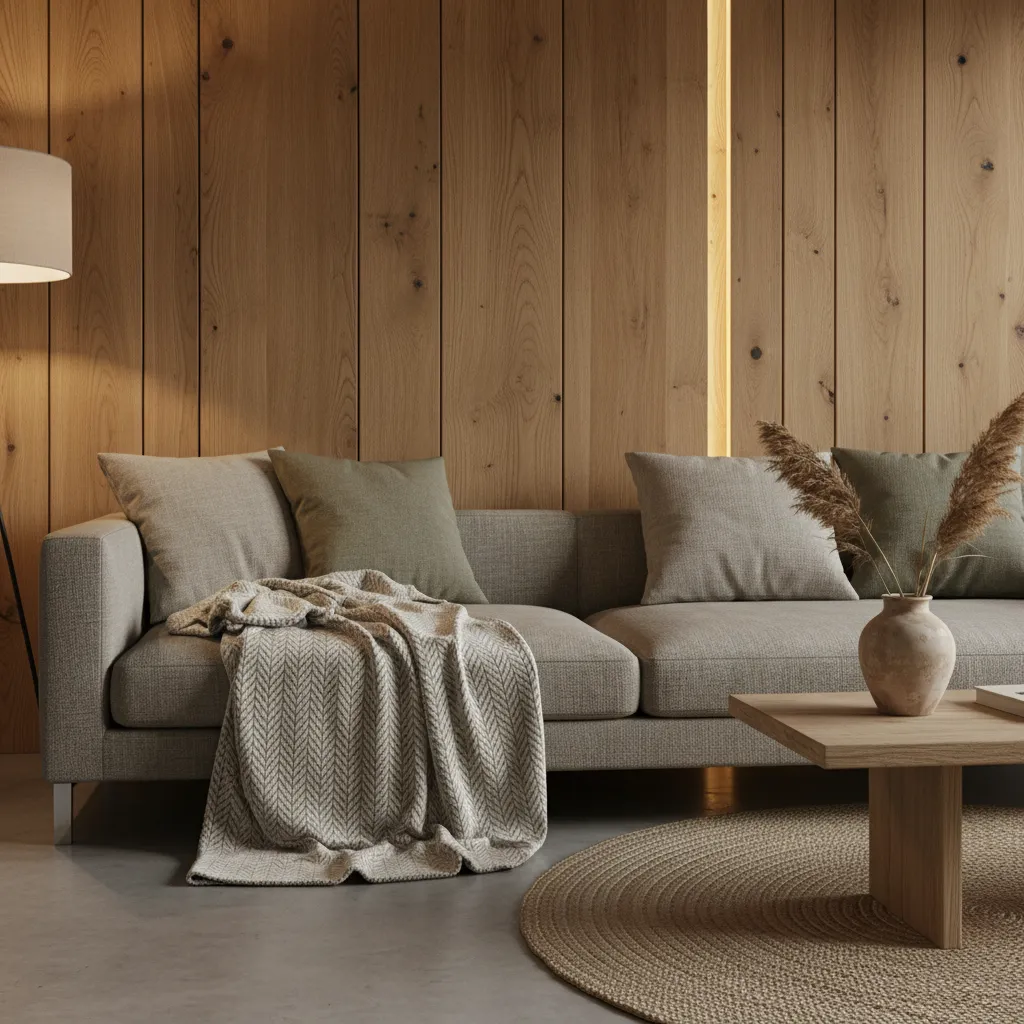 Living room with grey sofa wooden wall panel round rug and small wood coffee table