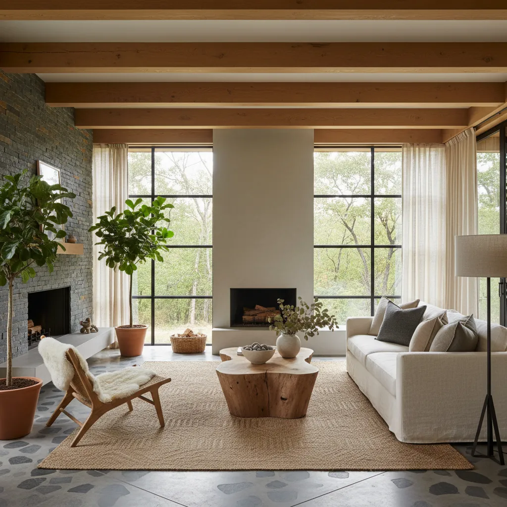 Interior con madera natural, textiles y materiales cálidos