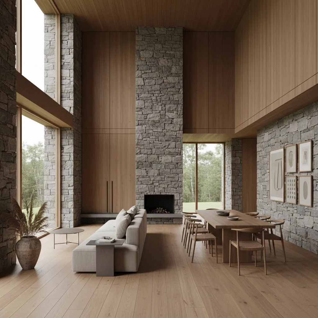 Interior de casa con madera, piedra y tonos neutros
