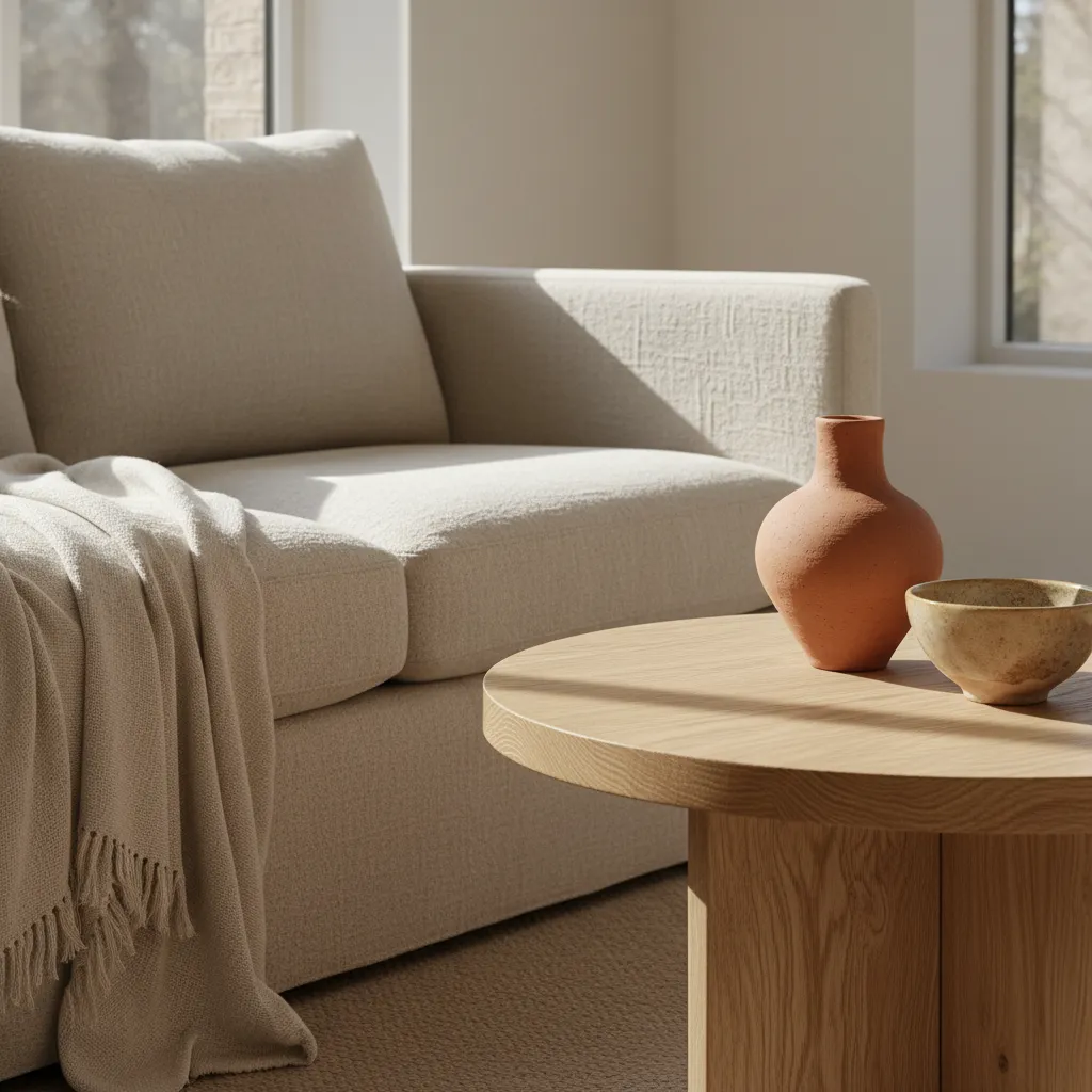 Detalle de materiales naturales como lino, madera y cerámica en interior