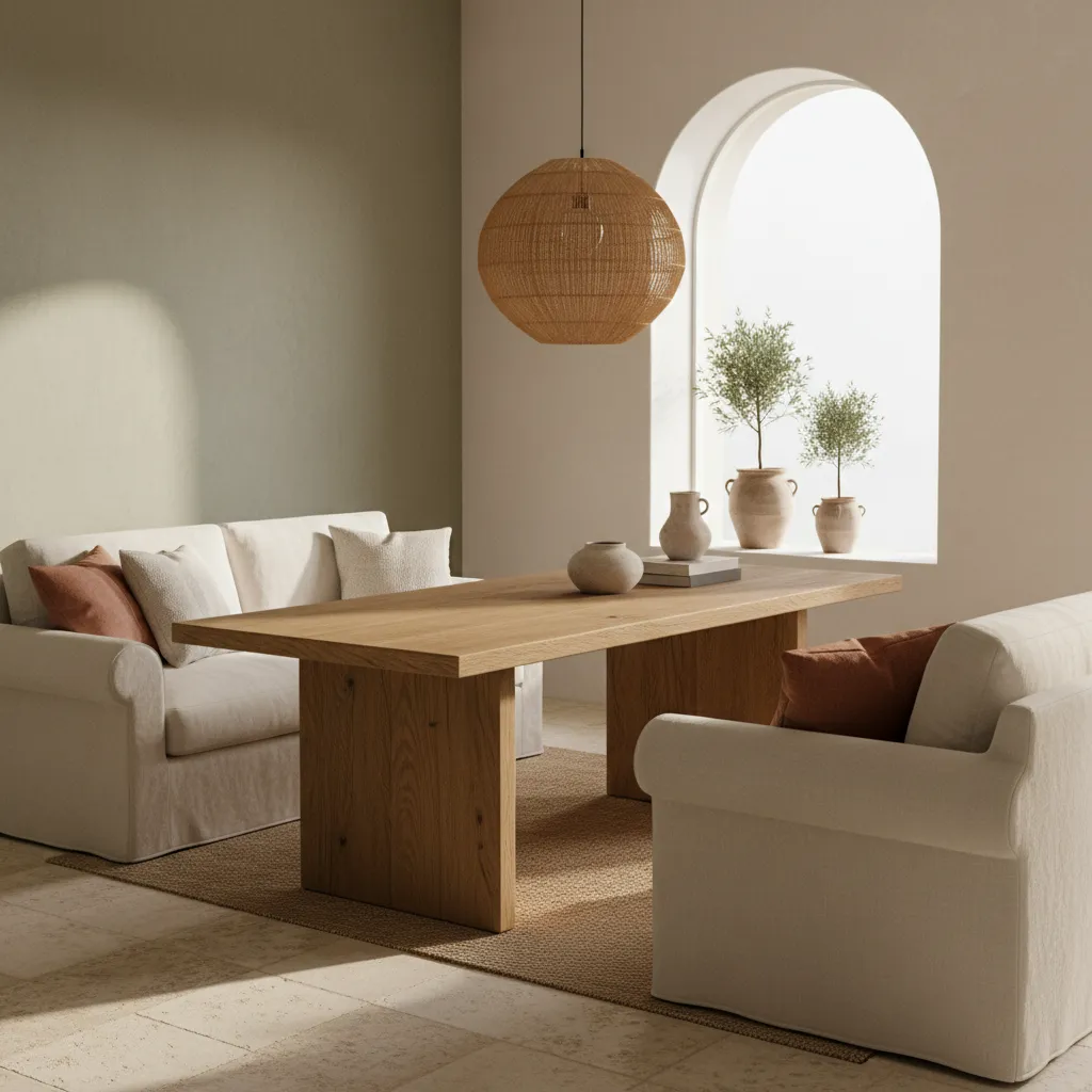 Interior mediterráneo con madera clara, lino y fibras naturales