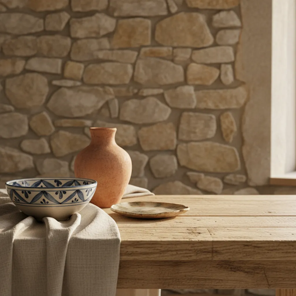Detalle de materiales naturales en un interior mediterráneo