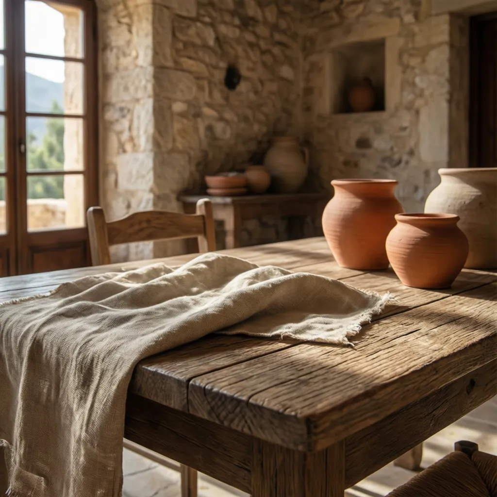 Detalle de materiales naturales en interior mediterráneo con madera y cerámica