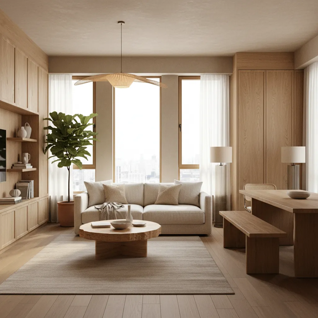 Interior contemporáneo con madera natural, tejidos cálidos y tonos beige