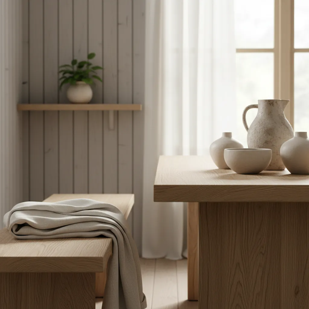 Detalle de mesa de madera clara y cerámica en interior nórdico