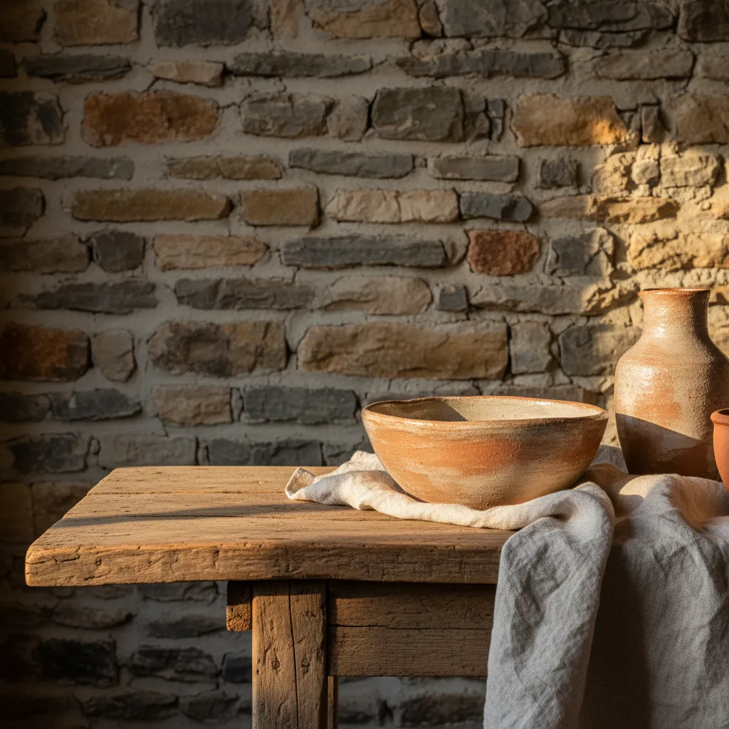 Close up view of a handmade clay bowl and jar on a rustic wooden table