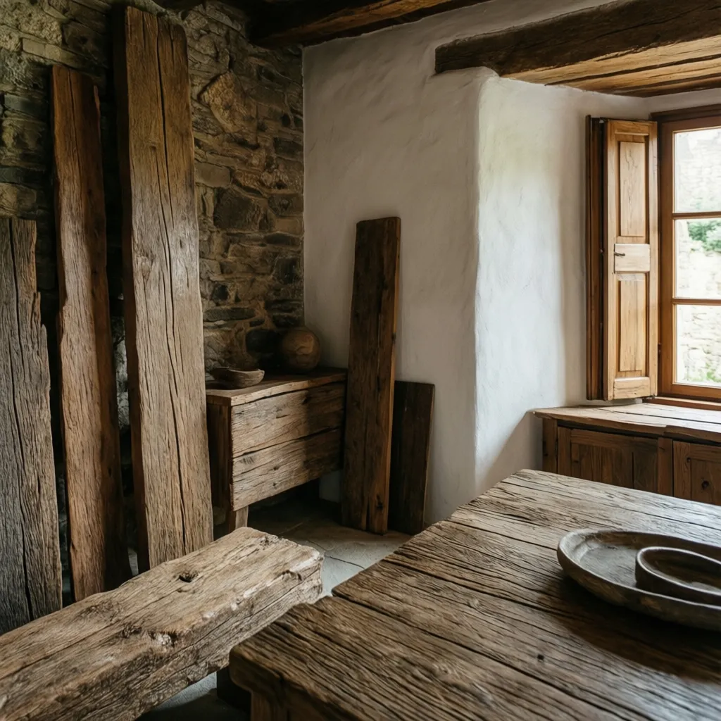 Close up of rustic interior with wood planks stone wall wooden table and open window