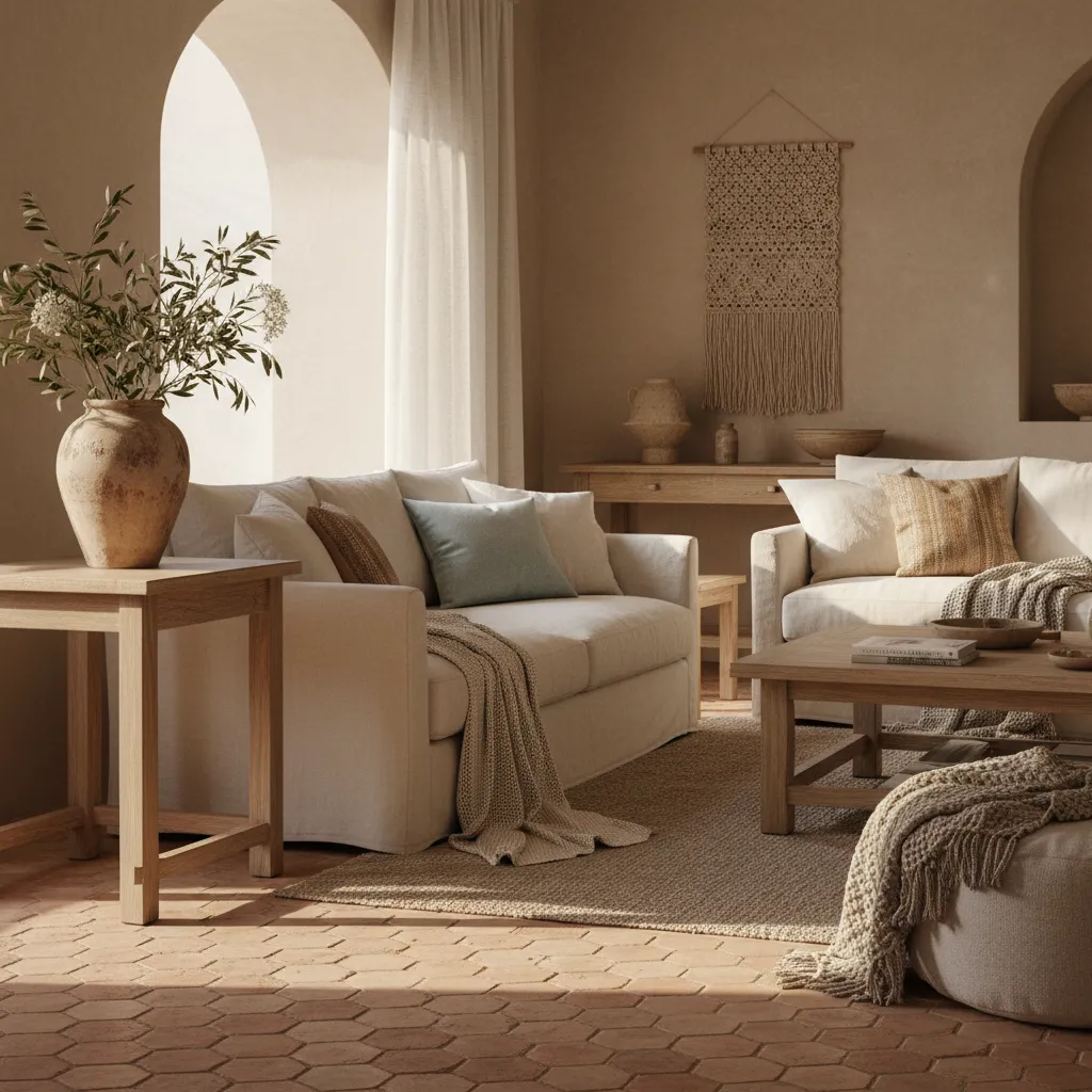 Detalle de materiales naturales como barro, madera y lino en interior residencial