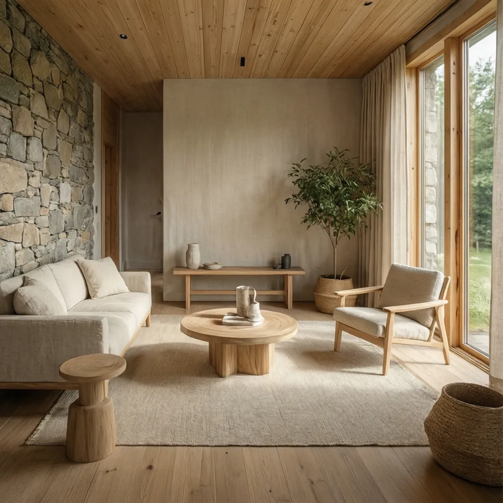Interior moderno con materiales naturales como madera clara y piedra