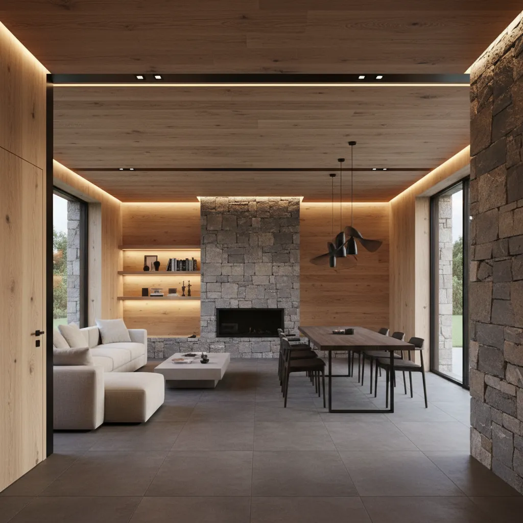 Modern living room with stone fireplace, wood ceiling, white sofa, dining table, and black lights