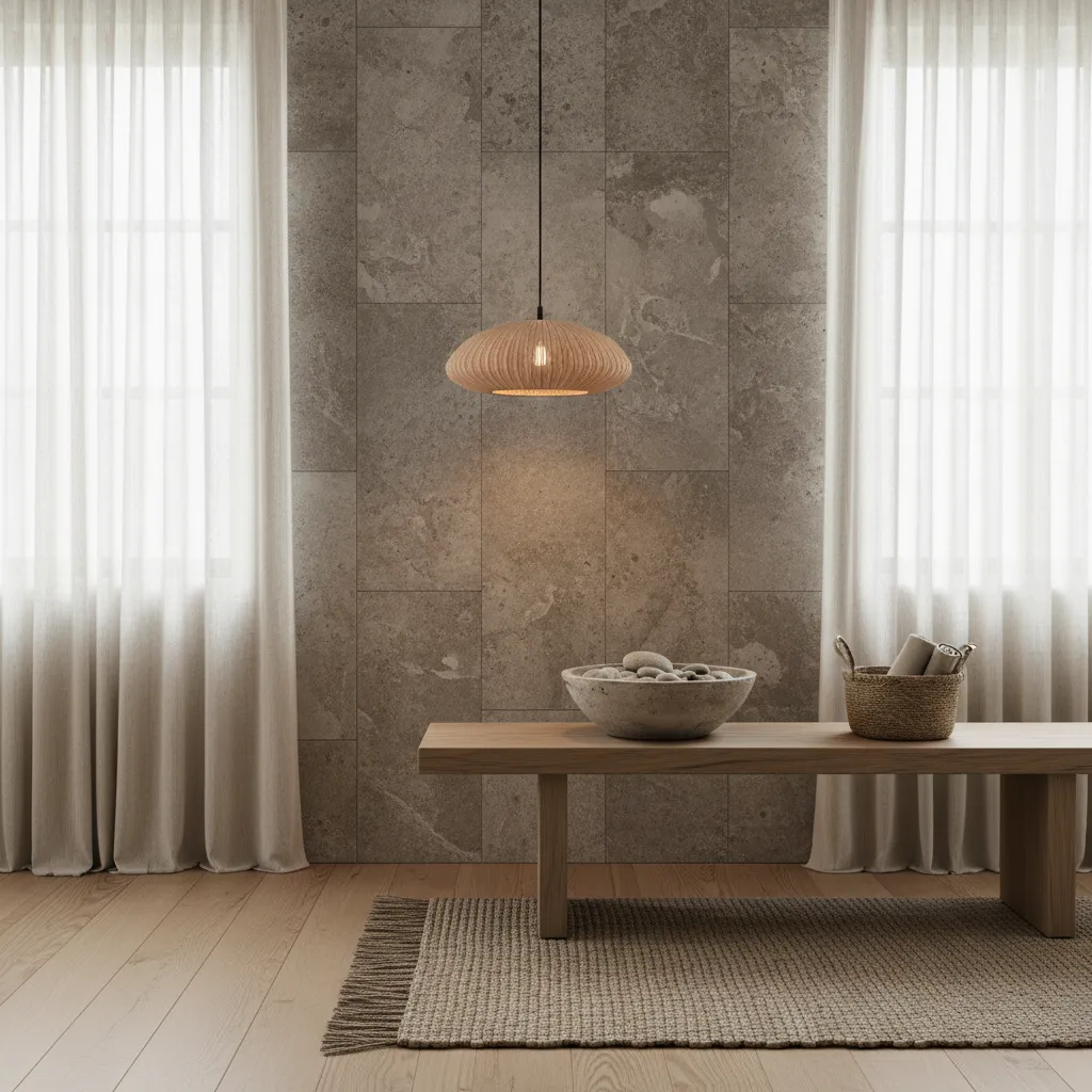 Detalle de materiales naturales en decoración interior con madera y lino