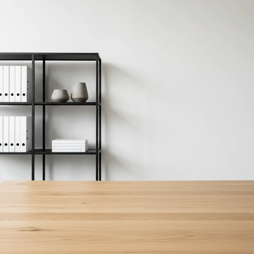 Close view of wooden table surface with black wall shelf, white binders, and small vases