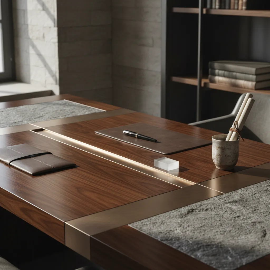 Detalle de materiales elegantes como madera y piedra en oficina ejecutiva