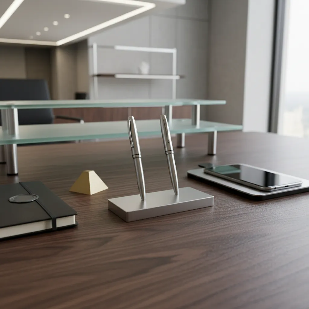 Detalle de materiales elegantes en oficina ejecutiva con madera y metal