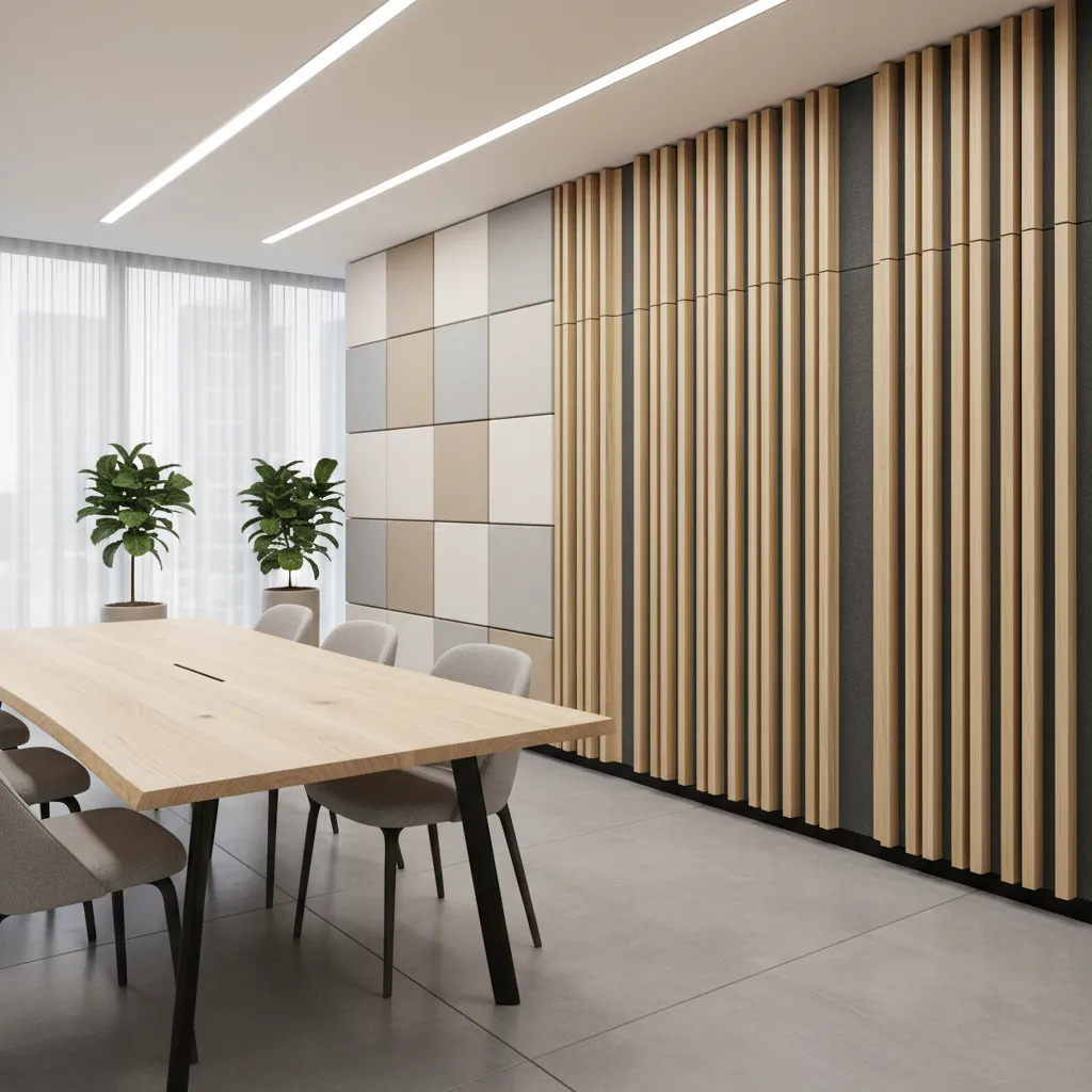 Materiales modernos en oficina con paneles acústicos y madera