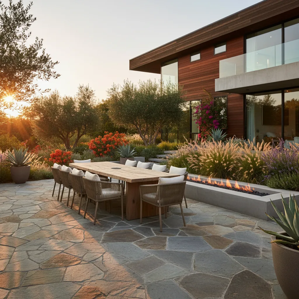 Patio amplio con pavimento de piedra, zona de comedor exterior y vegetación