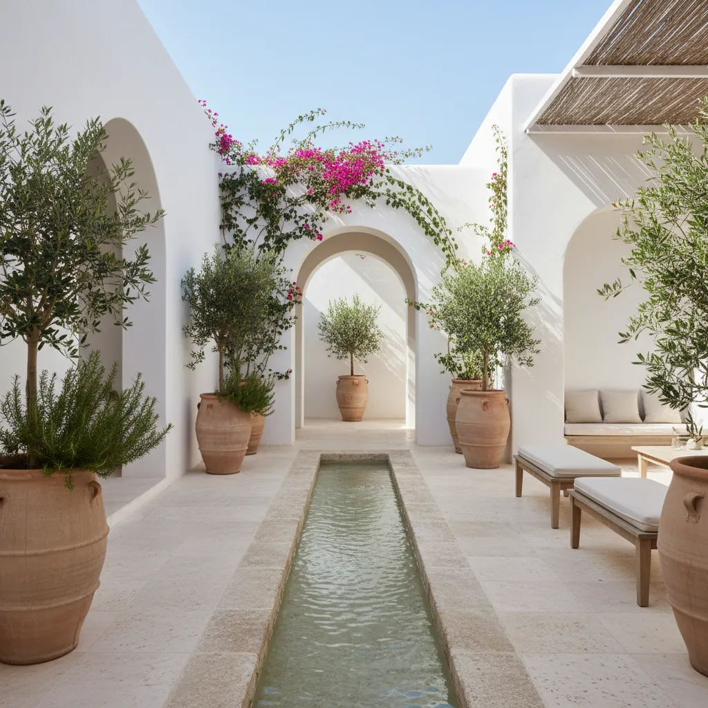 Patio interior con paredes claras, suelo de piedra y vegetación
