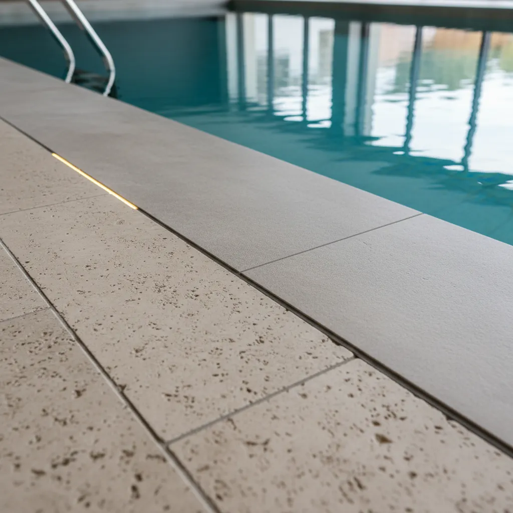 Detalle de materiales resistentes a humedad cerca de piscina interior
