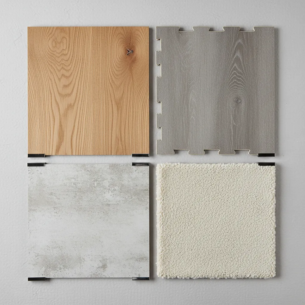 Comparación visual de diferentes materiales de piso para dormitorios