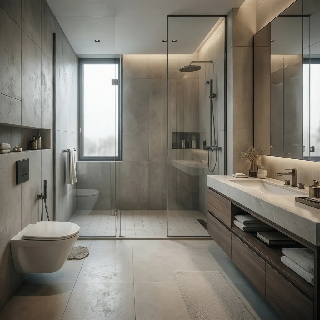 Baño moderno con porcelánico de gran formato