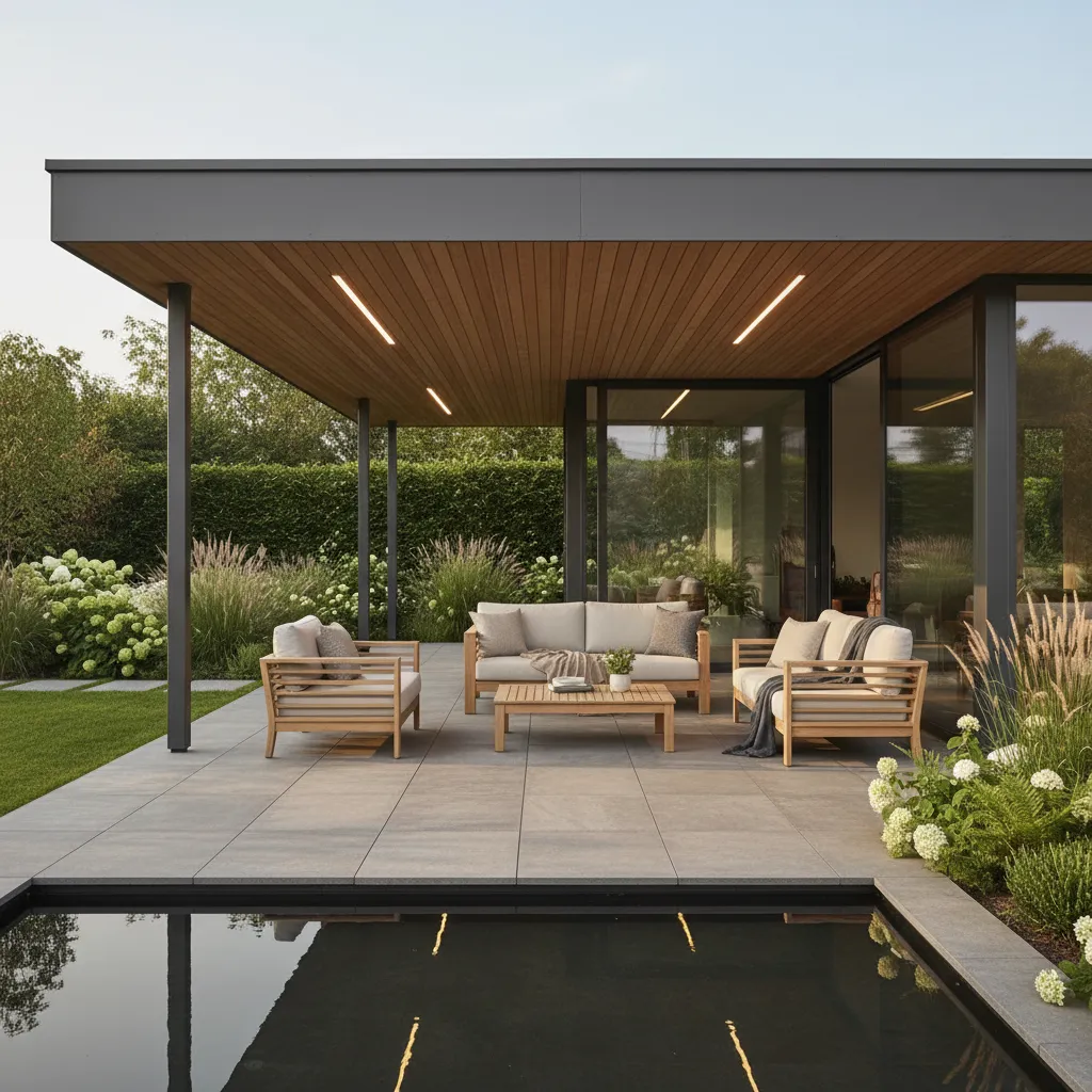 Porche con suelo porcelánico exterior y muebles de madera