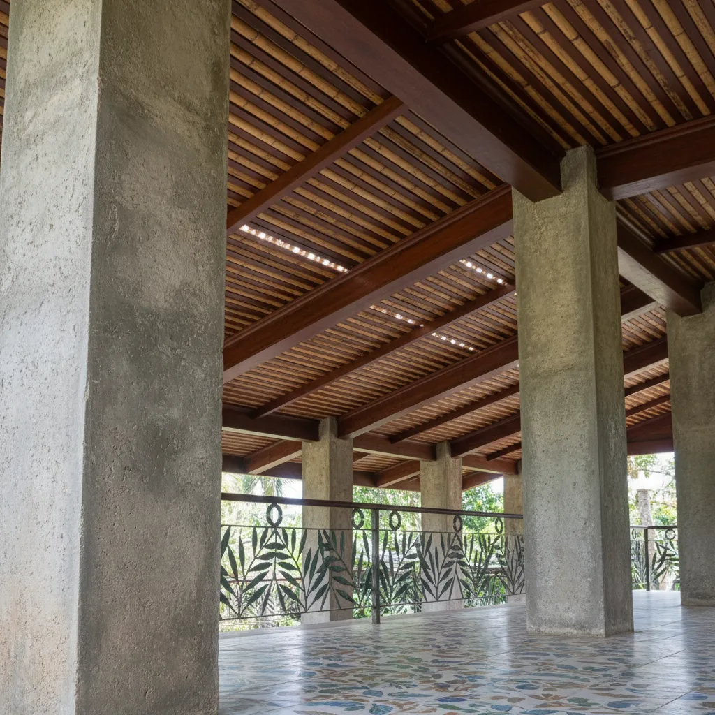 Detalle de piso cerámico y columnas en porche exterior