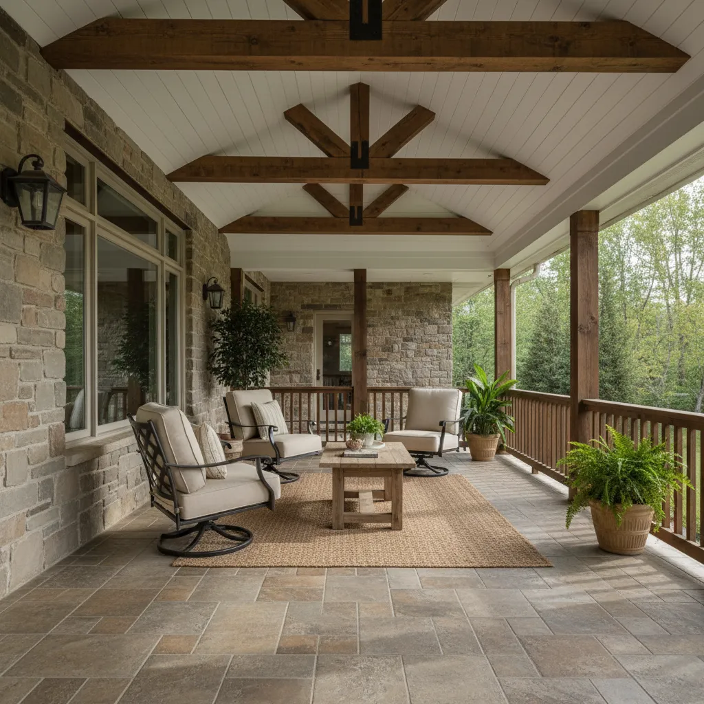 Suelo porcelánico exterior y techo de madera en un porche