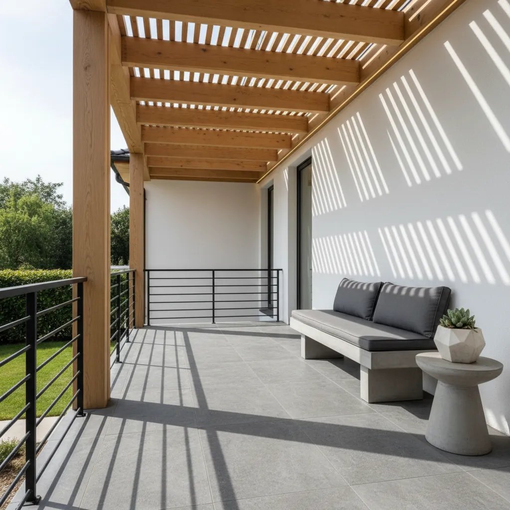 Detalle de suelo de porcelánico y estructura de madera en un porche