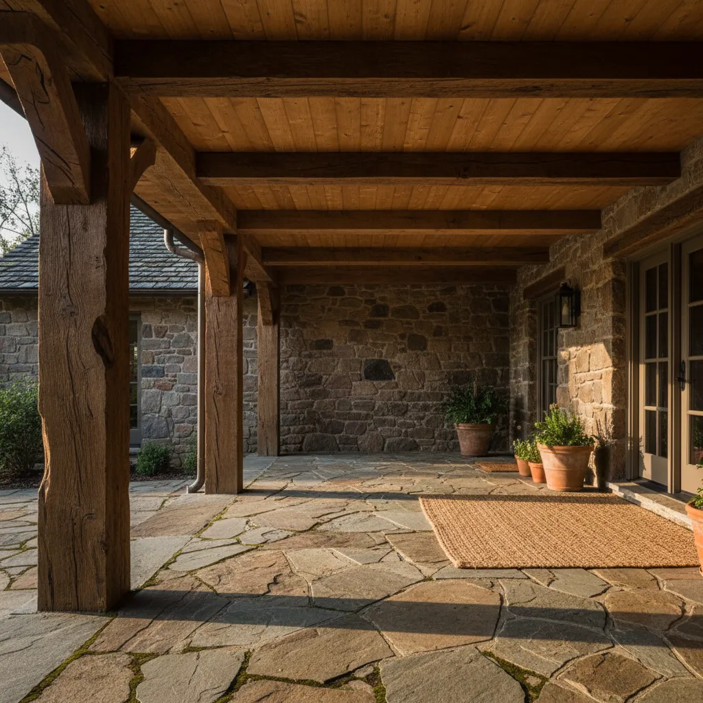 Detalle de materiales en un porche rústico con piedra y madera