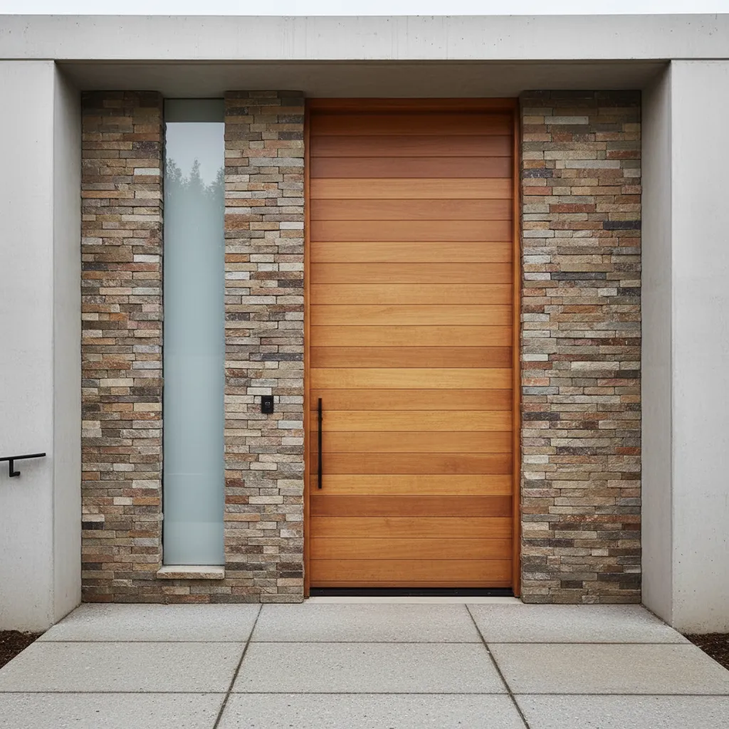 Light wood front door with black handle surrounded by stone wall and a frosted window