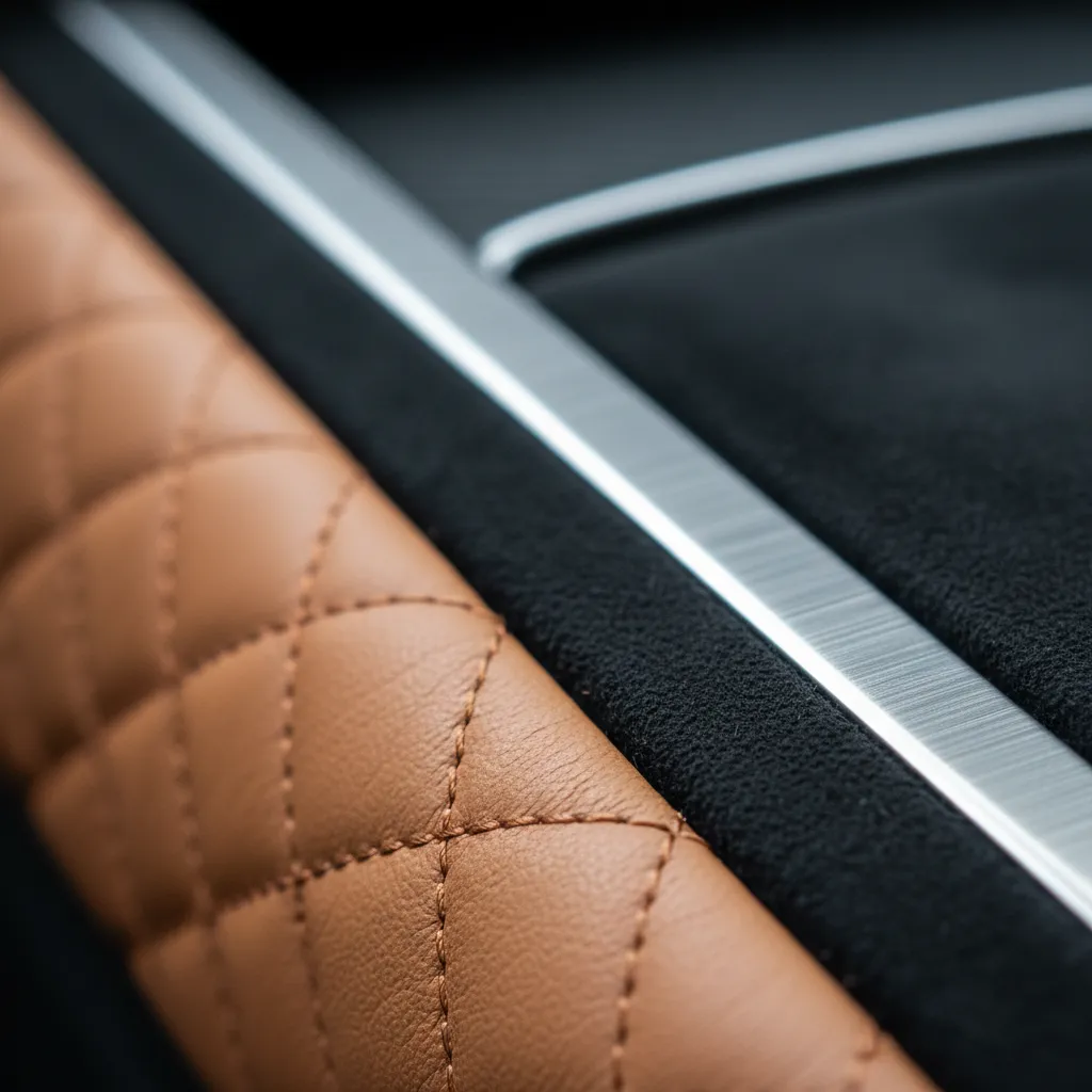 Close up of car interior design materials including brown leather black fabric and metal trim