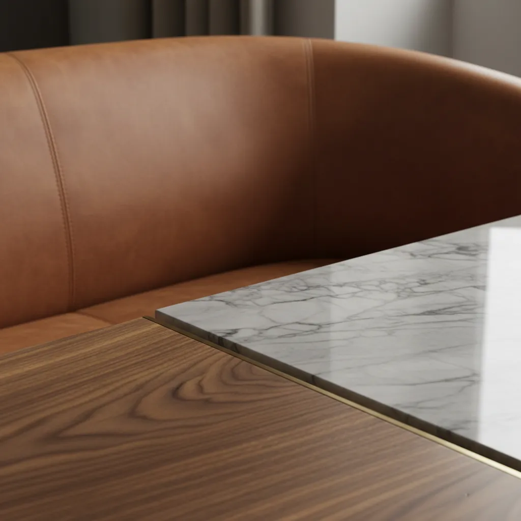 Detalle de muebles de diseño con materiales premium como madera, piedra y cuero