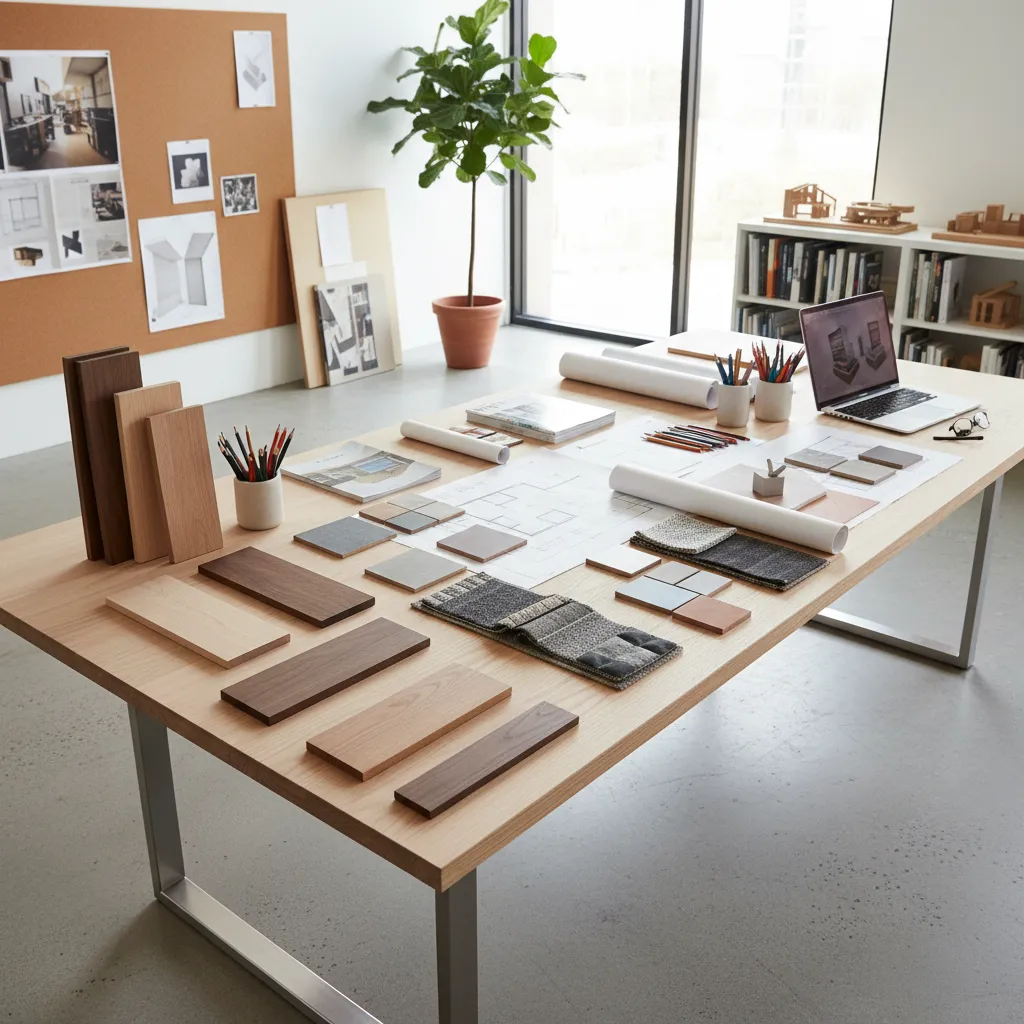Mesa con muestras de materiales, planos y herramientas de diseño interior