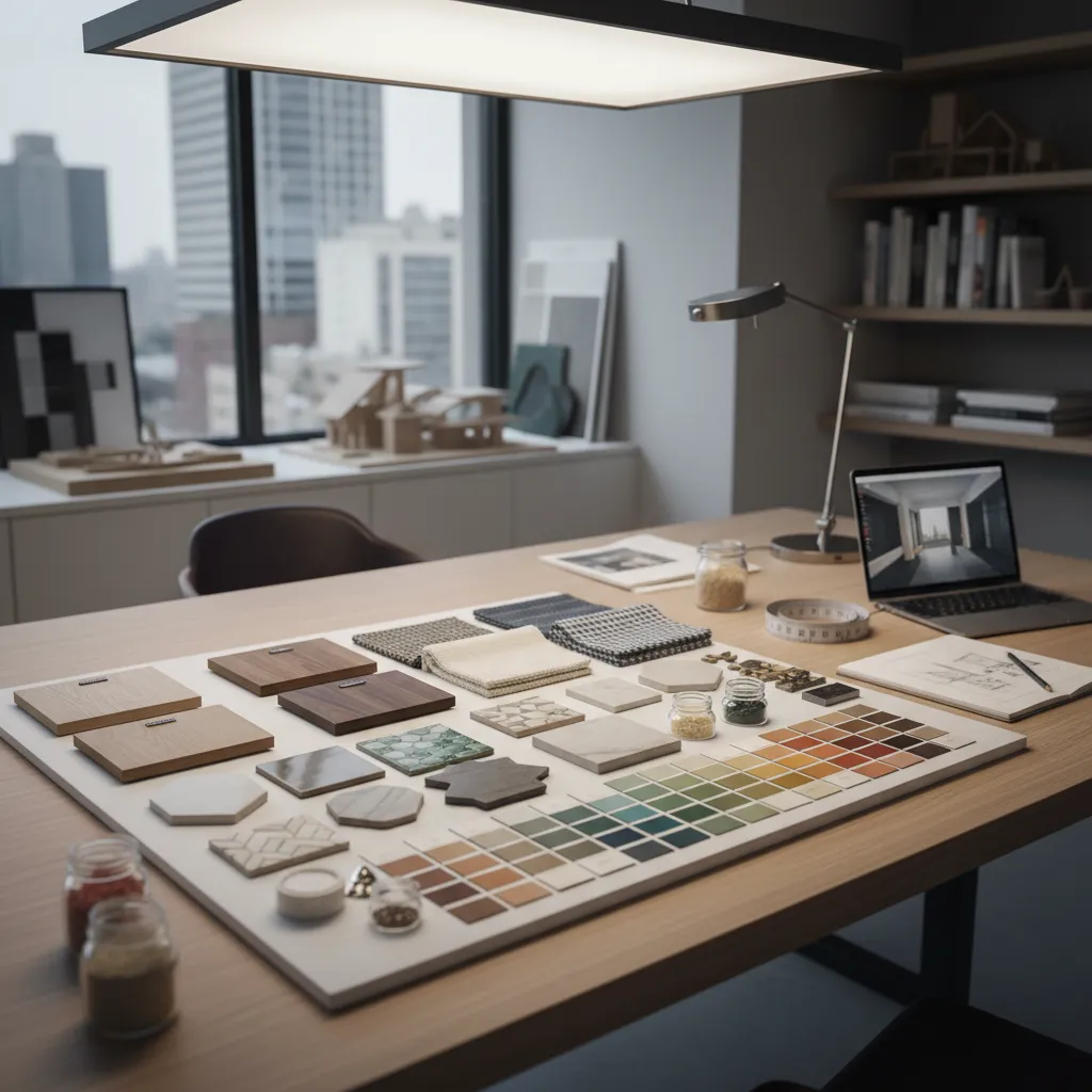 Mesa con muestras de materiales para diseño interior