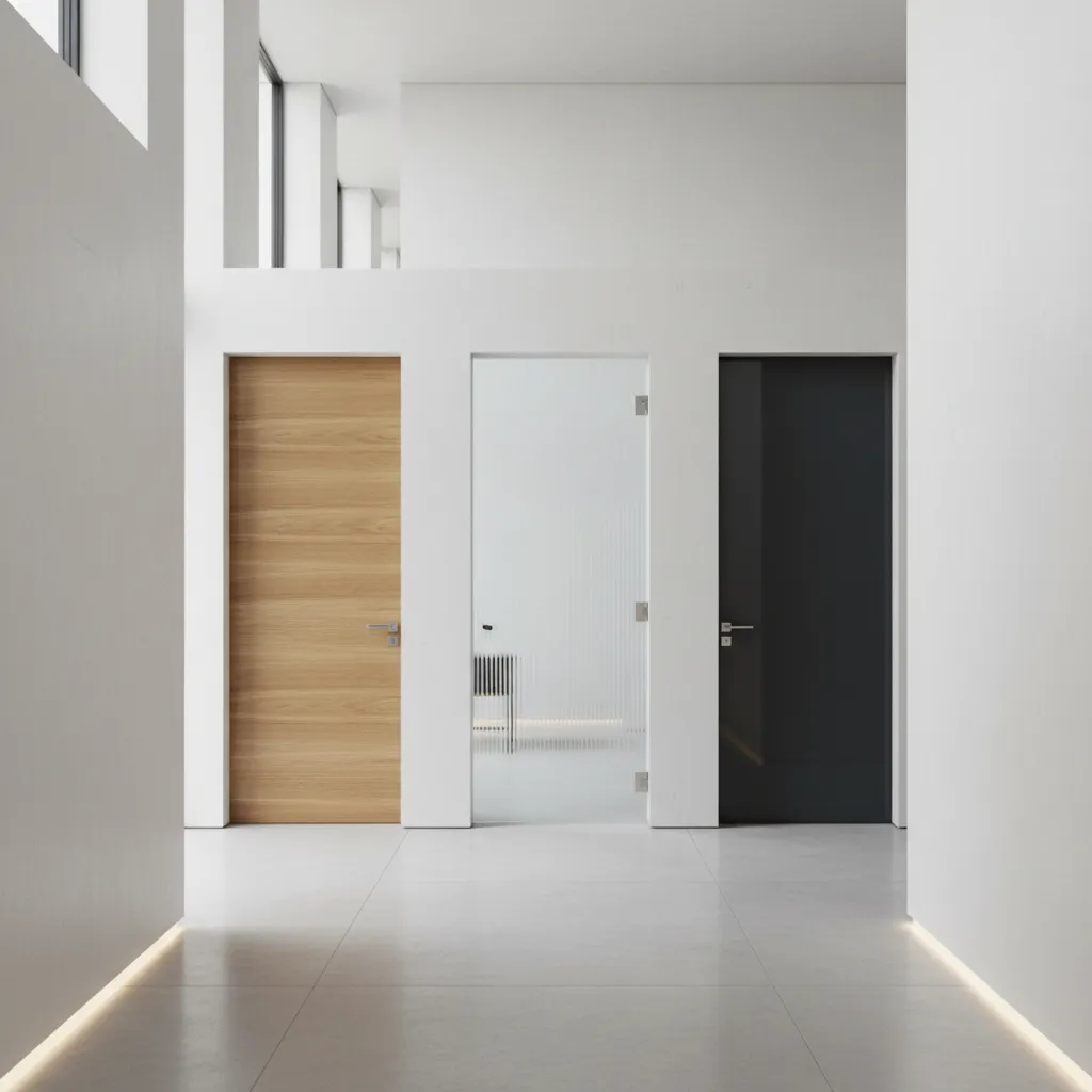 White hallway showing three different door styles including wooden door, glass door, and black door