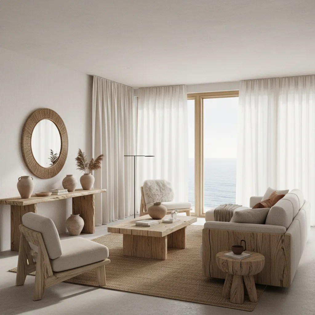Interior con madera tratada y textiles naturales adecuados para clima húmedo