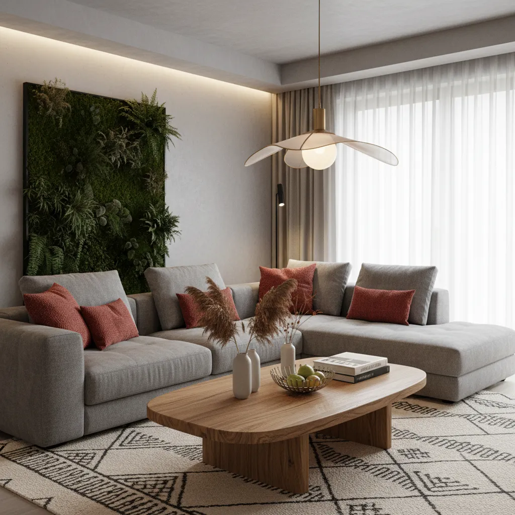 Combinación de madera, gris y detalles rojos en interior moderno