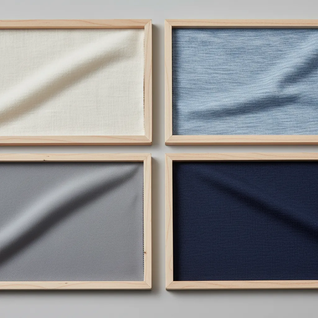 Four wooden frames displaying different fabric colors including white light blue grey and dark blue