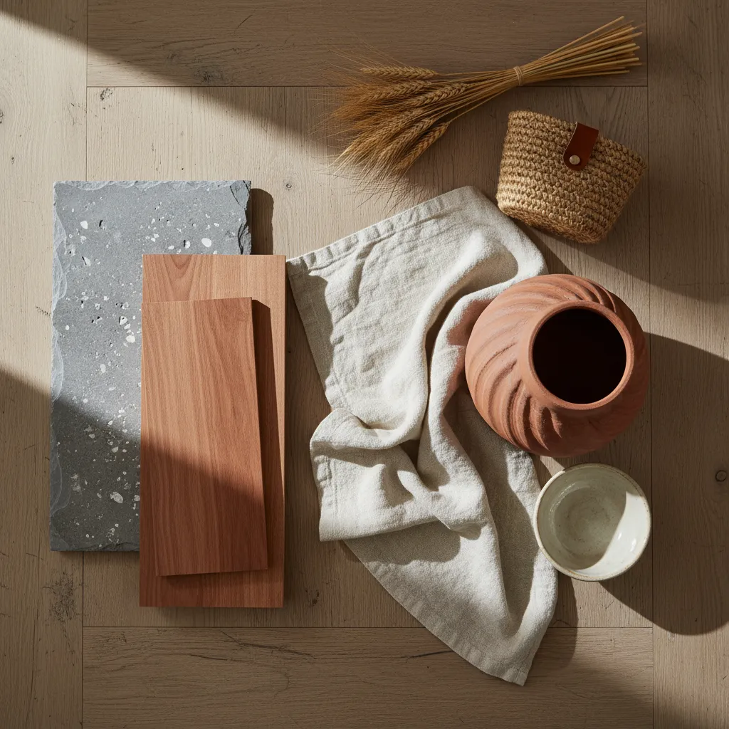 Detalle de materiales rústicos modernos como madera, lino y cerámica