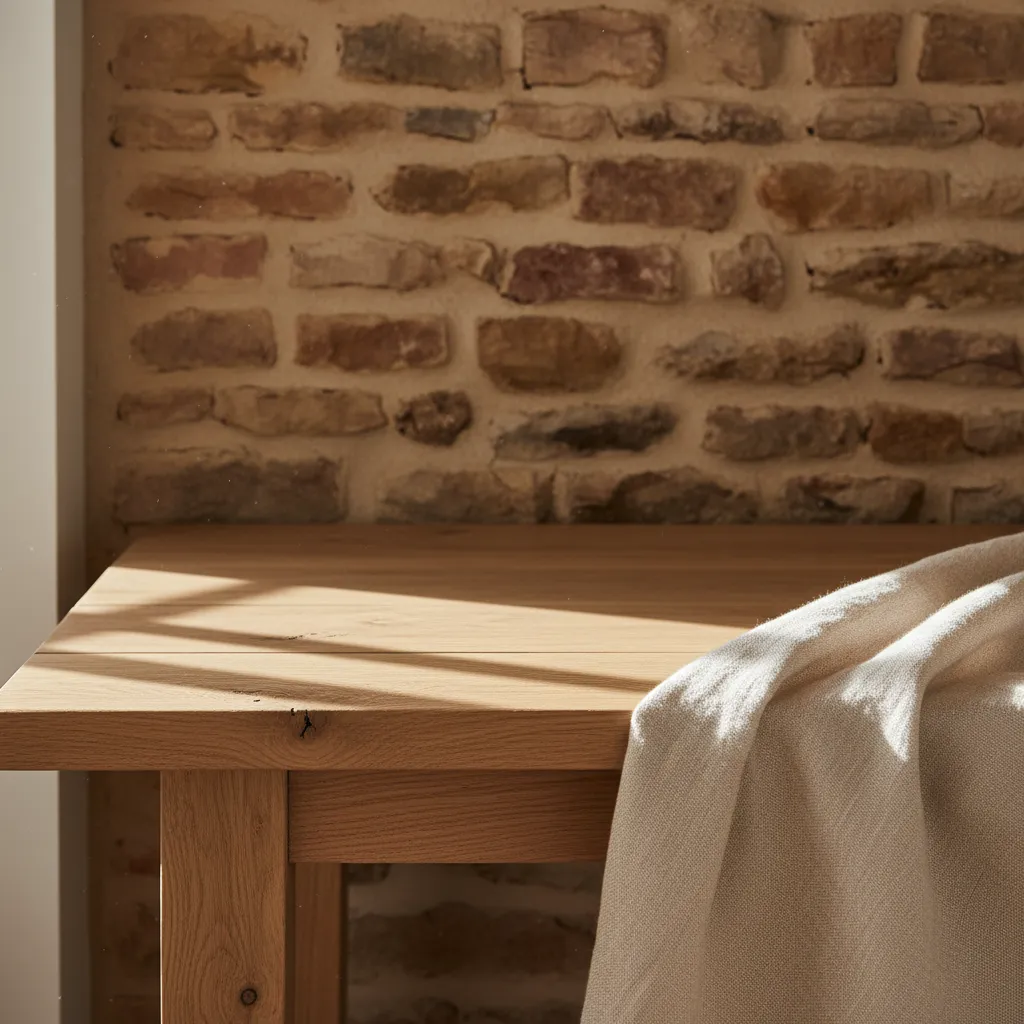 Detalle de materiales rústicos como madera clara y piedra natural