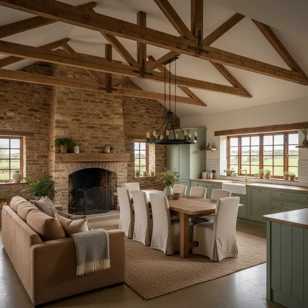 Combinación de madera, piedra y cocina moderna en casa de campo